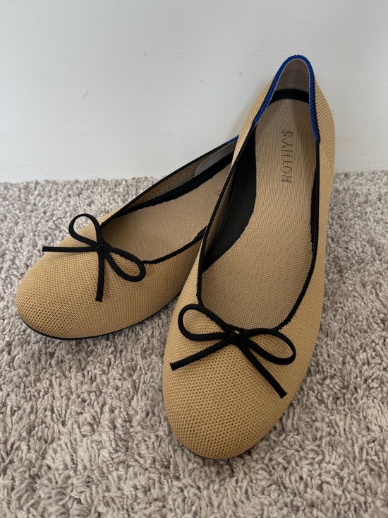 Rothy's Shoes - Rothy's Tan Round Toe Ballet Flats with Black Trim and Bow